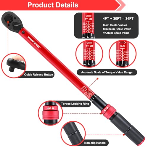 Image of ATsafepro 1 /2 Torque Wrench,1 /2 Torque Wrench 30-250 Ft Lb(40.7-339.0 Nm) Dual scale,torque wrench 1 /2 drive 250 ft-lb Pre-Calibrated Accuracy+-3% - Ideal for Automotive & Heavy Machinery Use