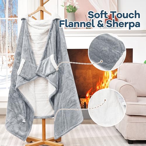 Heated Blanket Wearable Electric Blanket with Hood and Pockets, Heating Throw Blanket, Electric Heated Wrap Shawl with 6 Heating Levels Setting & 4 Hours Auto Shut Off, Machine Washable(Shrot, Grey)