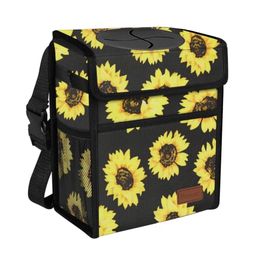 Image of Femuar Leak Proof Car Trash Can with Lid, Collapsible Hanging Waterproof Car Trash Bag with Mesh Pocket for SUV Front Seat Headrest, Sunflower