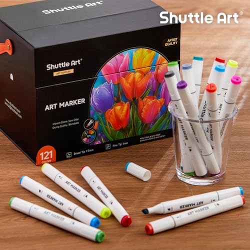 Image of Shuttle Art 121 Colors Dual Tip Alcohol Based Art Markers,120 Colors plus 1 Blender Permanent Marker 1 Marker Pad with Case Perfect for Kids Adult Coloring Books Sketching Card Making