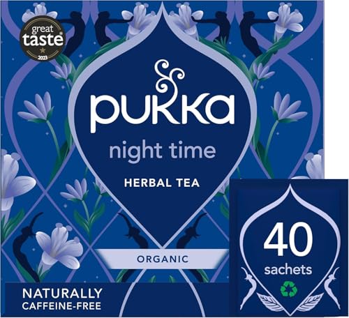 Pukka Herbs Night Time Organic Herbal Tea - 40 Plant Based Biodegradable Tea Bags - Sleep Tea Box, Chamomile, Lavender, Oat Flower, and Limeflower - Natural For Bedtime Relaxation, Caffeine Free