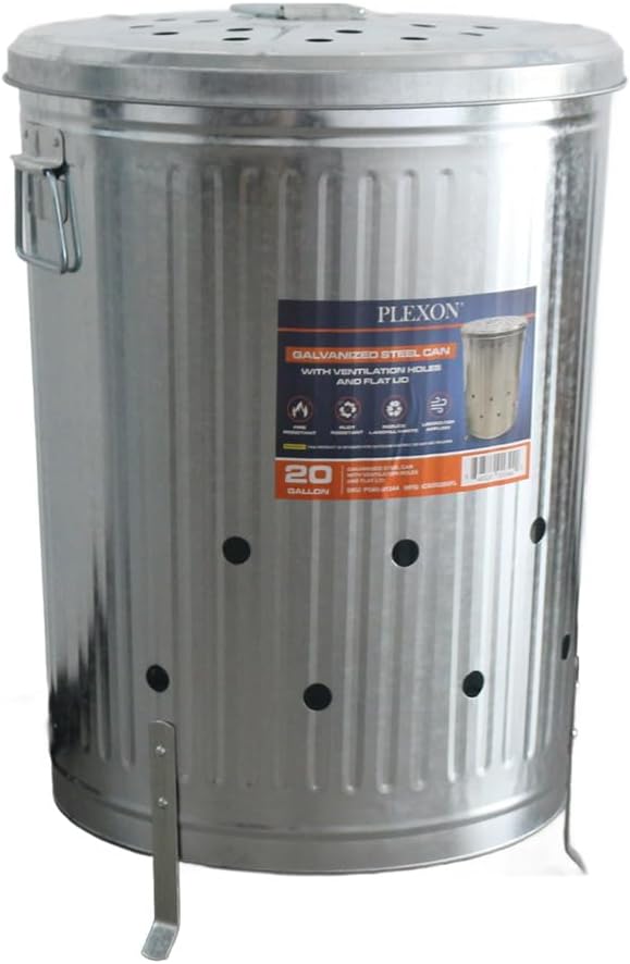 Plexon 20 gal. Galvanized Steel Composter/Rubbish Burner with Perforated Lid and Folding Handle, Optional Support Legs Included, Silver
