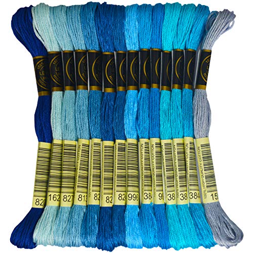 Premium Rainbow Color Embroidery Floss - Cross Stitch Threads - Friendship Bracelets Floss - Crafts Floss - 14 Skeins Per Pack Embroidery Floss, Electric Blue Gradient