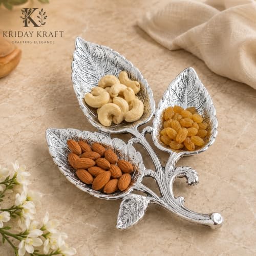 Image of Vintage Metal Silver Leaf Shaped Serving Tray, 3 Compartment Dry Fruit Platter, Decorative Snack Bowl, Tabletop Decor