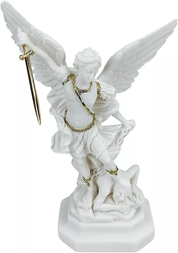 Miniatura 5 de Generic Saint St Michael Arcángel derrotó a Lucifer estatua griega figura de escultura con detalles dorados, oro blanco, altura: 9.1 in (9 pulgadas)