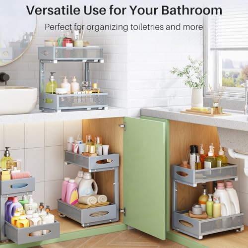 2 Pack Under Sink Organizer, 2 Tier Pull out Cabinet Organizer Mesh Baskets with 5 Adjustable Heights, Sliding Drawers Storage Shelf for Home, Kitchen, Bathroom, Pantry, Office, Countertop ,Grey by Kitstorack - Image 9