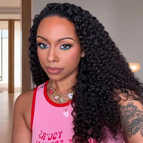 Image of Celiarita Curly Half Wig Human Hair 24 Inch Deep Wave Human Hair Wigs Glueless Wear and Go 3 In 1 Half Wig Beginner Friendly Drawstring Seamless Flip Over Headband Wigs for Women 200% Density