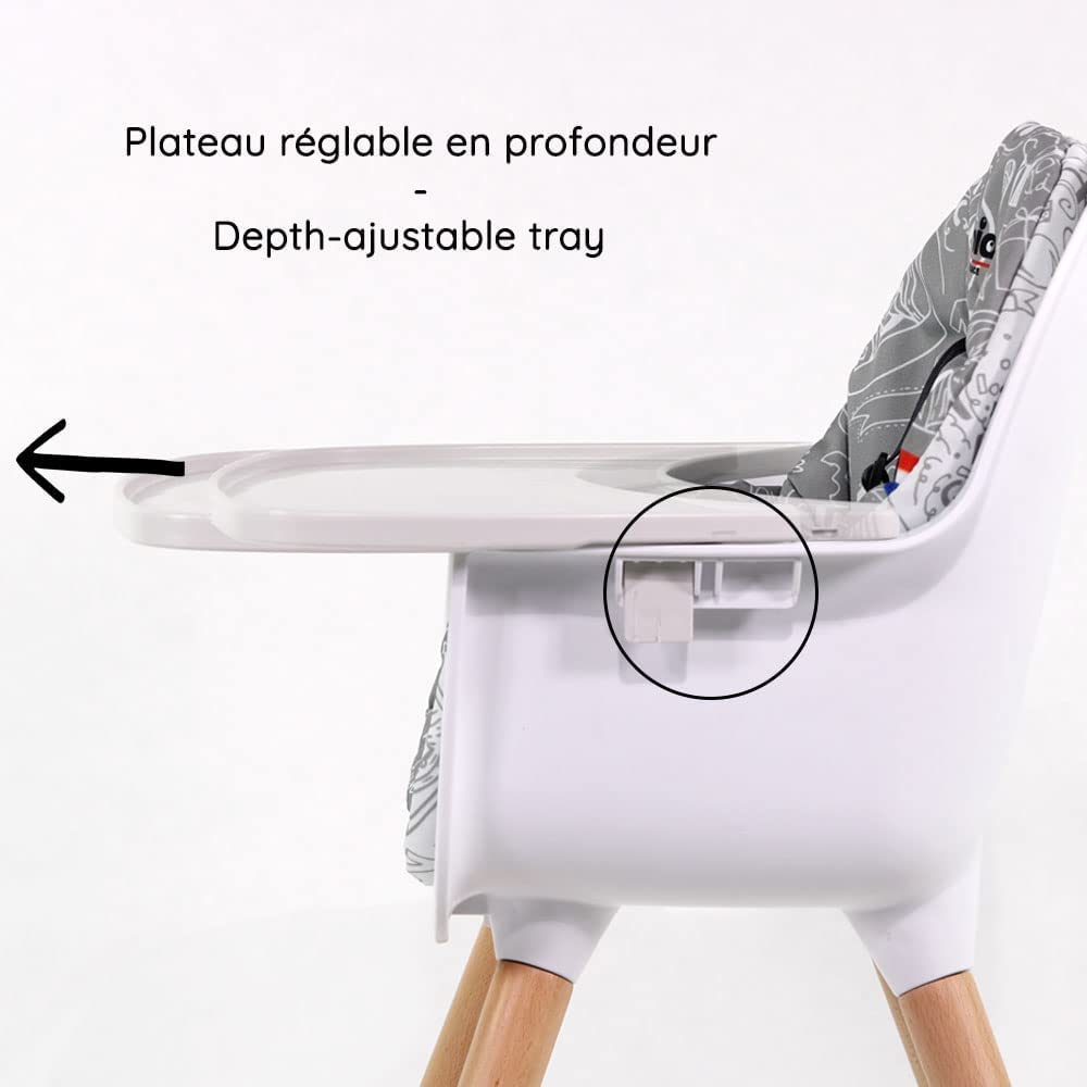 Seggiolone evolutivo 2 in 1, da 6 mesi fino a 5 anni, cuscino reversibile, vassoio regolabile, poggiapiedi, seggiolino e poltrona per bambini, design moderno in legno