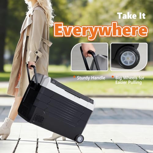 Image of OLIXIS Portable Car Refrigerator, 53QT Dual-Zone Electric Cooler for Vehicles with Wheels & Cutting Board, -4℉-68℉ Freezer Smart Control via Bluetooth, Battery Protection, 12 /24V DC & 100-240V AC