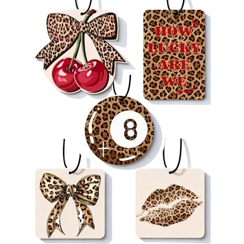 Image of Cheetah Print 5pcs Car Air Freshener Bow Coquette Leopard Print Car Accessories Automotive Interior Hanging Scents Mirror Decor for Women Teen Girls Red