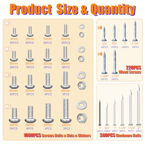 Image of Dianrui 1680 PCS Nails and Screws Assortment Kit & Screw Bolts and Nuts, M3 /M4 /M5 /M6 Machine Screws, Small Nails for Picture Hanging, #6#8 Drywall Screw Set for DIY Repair Project Length 1 /2 inch to 2 inch
