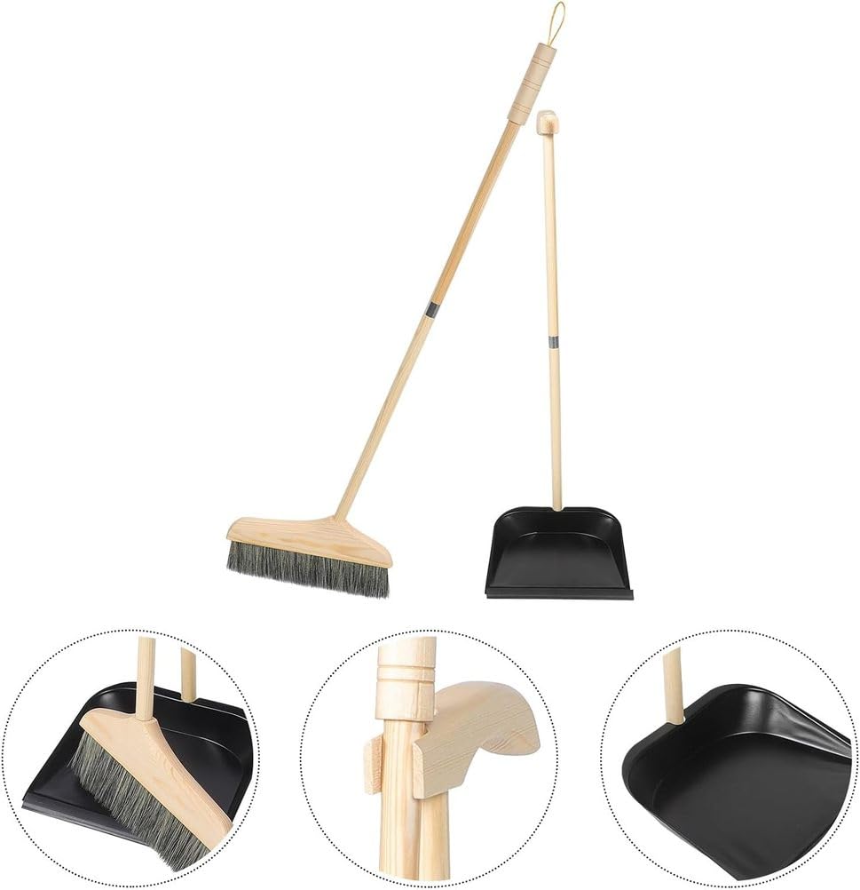 Juego de escoba y recogedor de madera con mango largo, cerdas rígidas para suelos duros, limpieza del hogar y la oficina