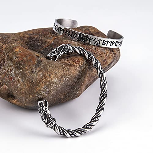 TURTLEDOVE Viking Wolf Fenrir Bangle – 2 PCS Stainless Steel Norse Scandinavian Torc – Rune Bangle Bracelet3