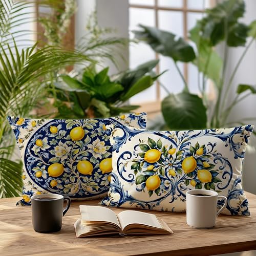 Image of Blue and Yellow Summer Mediterranean Lemon Small Decorative Lumbar 12x20 Pillow Covers Decor,Amalfi Coast Italian Decorative Throw Pillow Cover for Home Room Decor Double-Sided Set of 2