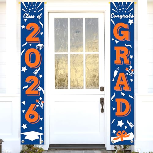 Image of Graduation Porch Banner Class Sign Congrats Grad Hanging Flags High School College University Party Decoration For Front Door Outdoor Blue Orange