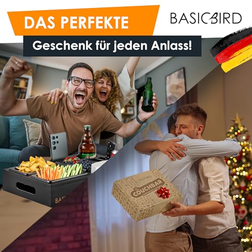 BASICBIRD® Couchbar Snackbox - Organizer Tablett- Snackspender mit 3X Snackschale - Holz Sofatablett für Sofa, Deko, Couch Bar mit Getränkehalter und Fächern – Wohnmobilausstattung (Black Edition)