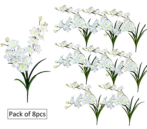 Bugasaca Pack Of 8Pcs - Faux Freesia Orchid Plants Real Touch Orchids Flowers Wedding Centerpieces Decorations For Home And Office Great Gift Bridal Bouquet (White) #TOP4