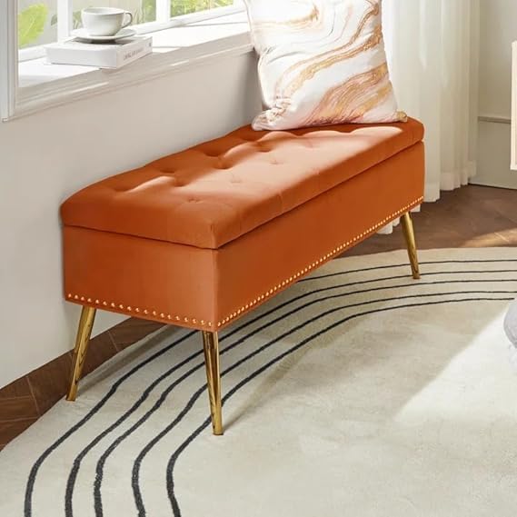 Image of Modern Velvet Storage Ottoman with Gold Base Button 2 Seater | Upholstered Long Ottoman for Bedroom, Living Room, Entryway & Sofa Upholstered | Comfortable Padded Accent Furniture | Orange