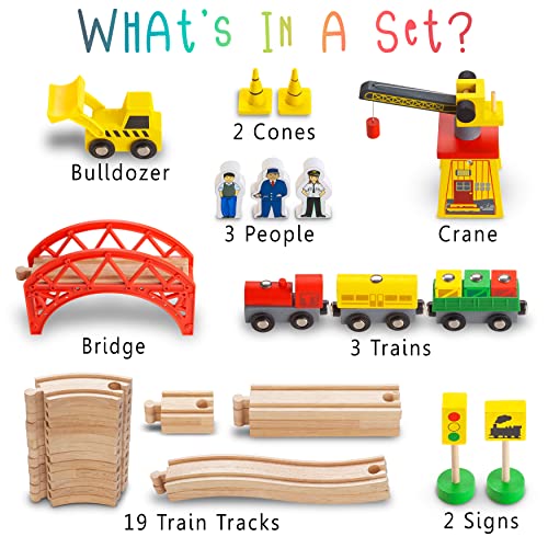 wooden train sets for boys 2-4-7  38 pcs wood train set for toddlers wcrane bridge amp wooden train tracks  train toys for 3 year old boys amp girls  fits thomas brio ikea melissa and doug