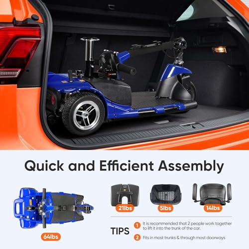 3 Wheel Mobility Scooters for Adults, Folding Mobility Scooter for Seniors, 265 lb Capacity Electric Scooter with Basket, Powered Mobility Scooter for Travel, Long Range Power Battery, Blue - Thumbnail 3