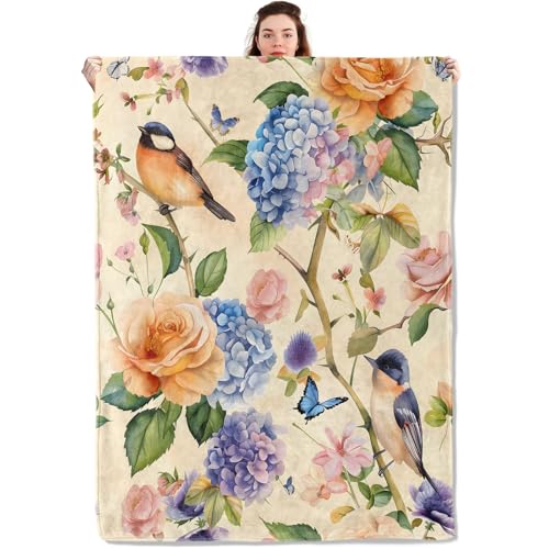 qxfqxf Bird and Butterfly Blanket Lightweight Blankets Gifts for Nature Lover Flannel Throw with Colorful Rose and Hydrangea Printed for Sofa, Bed, Travel, Picnic, Office, Decor Throws 60x50 Inch