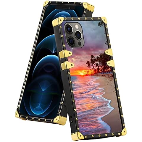 LIWEILE Phone Case for iPhone 12 Pro Max with Beach Sunset Pattern Shockproof and Dropproof Black Frame Smartphone Protective Case Cover