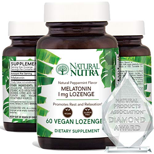 Natural Nutra Melatonin Lozenges for Rest and Relaxation, Sleep Supplement, Balanced Hormone Levels, Stress Relief, Healthy Aging, Gluten Free and Vegan, 1mg, 60 Peppermint Flavor Tablets