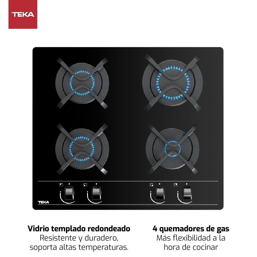 TEKA Placa de Gas 60 cm, 4 Quemadores, Autoencendido y Seguridad Termopar, Parrillas de Fundición, Modelo GBC 64000 KBN