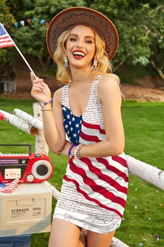 Image of For G and PL Women 4th of July American Flag Tank Dress Deep V Neck Stars Stripe Mini Patriotic Sleeveless Sundress