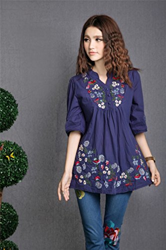 Kafeimali Women's Mexican Blouse Embroidered Peasant Dressy Tops 3/4 Sleeve Shirt (Navy Blue) #TOP2