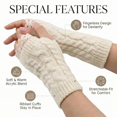 Image of Kraptick Women's Cable Knit Fingerless Gloves - Winter Arm Warmers with Elegant Lace Trim & Thumb Hole - Soft Woolen Thermal Half Finger Mittens for Typing, Driving & Office Work (Free Size, khaki)-1