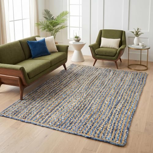 Tapis jute épais抗磨损客厅卧室蓝色几何条纹编织地毯 - 6
