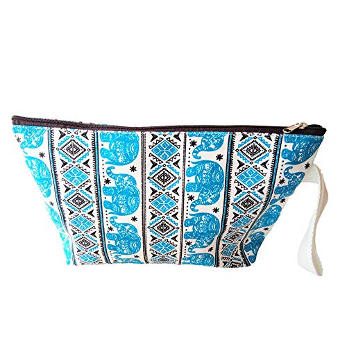 cushystore Blue Elephant Tribal Bohemian Gypsy Big Cosmetic Makeup Pen Pencil Cotton Fabric Bag Bags Cases Zipper Zip Purse Clutch Pouch Case for Handle Handmade Craft Handbag Kids Adults