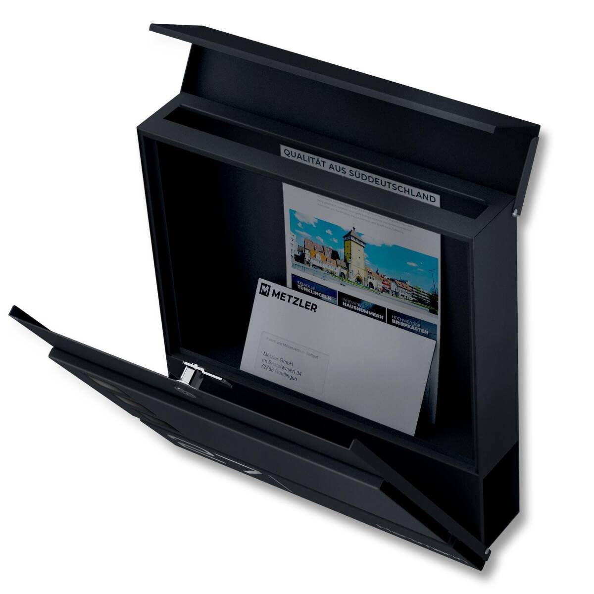 Metzler Boîte aux Lettres Anthracite RAL 7016 en Acier avec fenêtre – Plaque Nominative en INOX gravée au Laser – avec Compartiment à journaux – Boîte Postale avec hublot – Modèle Oltmann
