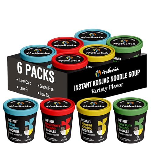 Image of Hethstia Shirataki Noodle Angel Hair Variety Flavor (Miso, Kimchi, Tomato), Ready to Eat, Low GI, Low Carb, Healthy Food, Instant Konjac Noodles Soup (6 Packs)