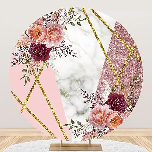Renaiss 7x7ft Floral Marble Round Backdrop Cover for Photoshoot Portrait Rose Pink Glittering Camellia Circle Photography Background Wedding Bridal Shower Mother's Day Party Decor Photo Booth Prop