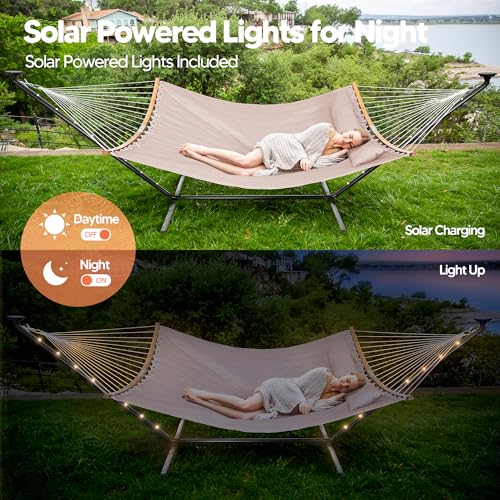 Image of SUNCREAT Hammocks Outdoor 2 Person Hammock with Solar Powered Lights, Tan