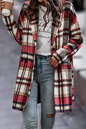 Prettygarden Women's 2023 Plaid Shacket Jacket Casual Button Wool Blend Winter Tartan Trench Coat With Pockets (Red,Medium) #TOP7