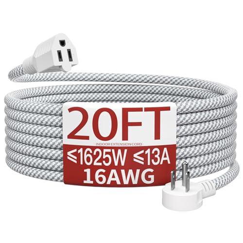 Image of 16 /3 Flat Plug Braided Extension Cord 20 FT, Indoor 3 Prong Grounded Low Profile Extension Wire Flexible, Suitable for Home and Office, 13 Amp 1625 Watt 125VAC 16AWG, ETL Listed