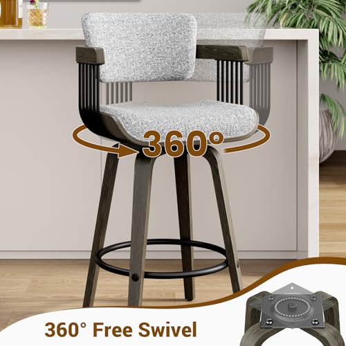 Butacos REONEY estilo mid-century, estructura de madera curvada, tapizado en tela de lino gris oscuro | Altura 26 pulgadas, giro de 360°, brazos curvos y respaldo ergonómico para islas de cocina y bares en casa miniatura 4