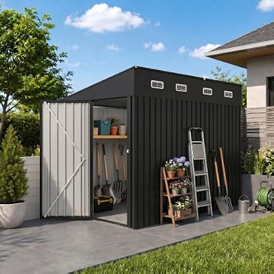 6x8 FT Outdoor Storage Shed, Metal Garden Shed with Sloping Roof and Lockable Door, Waterproof Utility Tool Shed for Patio, Backyard(Black
