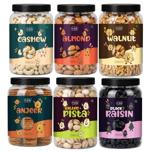 Image of LILA DRY FRUITS Dry Fruits Combo Pack of Almonds, Cashews, Walnuts, Pistachios, Black Raisins & Anjeer 100 Gms x 6 Mixed Dry Fruits Assortment for Daily Snacking Perfect for Gifting
