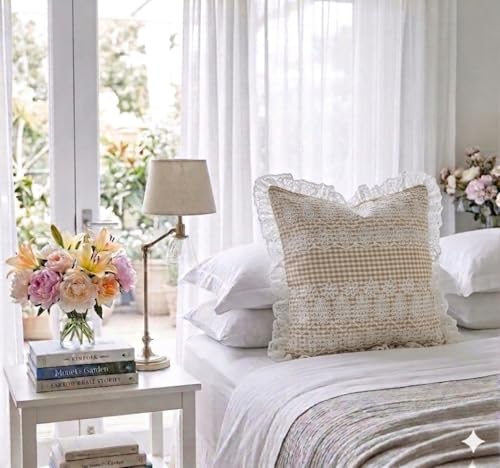 WWW.THROWPILLOW.IN Shabby Chic Gingham Cushion Cover with Cutwork Detailing Decorative Throw Pillow Cover for Sofa, Living Room Square Sofa Cushion 16x16 Inches