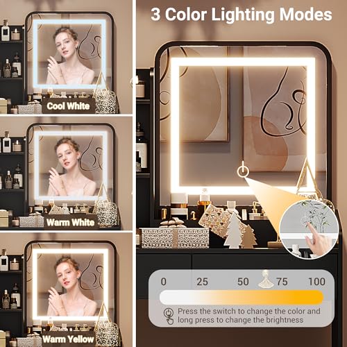 Vanity Desk with LED Lights Mirror & Power Outlet, Makeup Vanity Table with 2 Drawers & Storage Shelves,3 Color Adjustable Brightness,Vanity for Girls Women with Storage Stool for Bedroom,Black