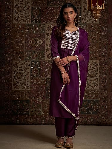 Image of INDO ERA Women's Purple Yoke Design Polyester Kurta & Pant With Dupatta Set