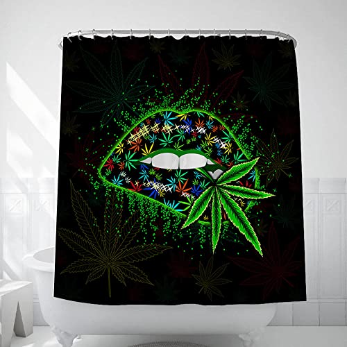 Glitter Women Sexy Lips Shower Curtain, Shining Psychedelic Trippy Hippie Weed Leaf Hemp Marijuana Cannabis Leaf Bathroom Accessories Decor Fabric Green Shower Curtain 72" Wx72 H Include 12Pcs Hooks #TOP3