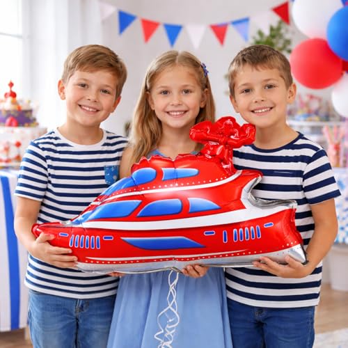 Image of Rozi Decoration Yacht Shape Foil Balloon for Birthday Parties Decoration, Boat Theme Balloon for Kids Celebration, Nautical Party Decor and Event Setup (Red and Blue Design) Pack of 1 Pcs