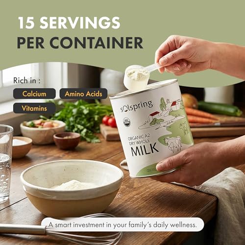 دكتور ميركولا سولسبرينج حليب جاف عضوي A2 كامل الدسم، 15 حصة، 17.4 أونصة (1 رطل 1.4 أونصة)، يحتوي على 26٪ من دهون الحليب، خال من الغلوتين والصويا، عضوي من وزارة الزراعة الأمريكية