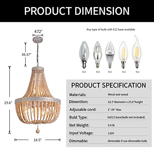 6-Lights Farmhouse Boho Wood Bead Chandelier,Modern Natural Wooden Beaded Pendant Light Fixture,E12 Adjustable Pendant Lighting for Dining Room Living Room Bedroom