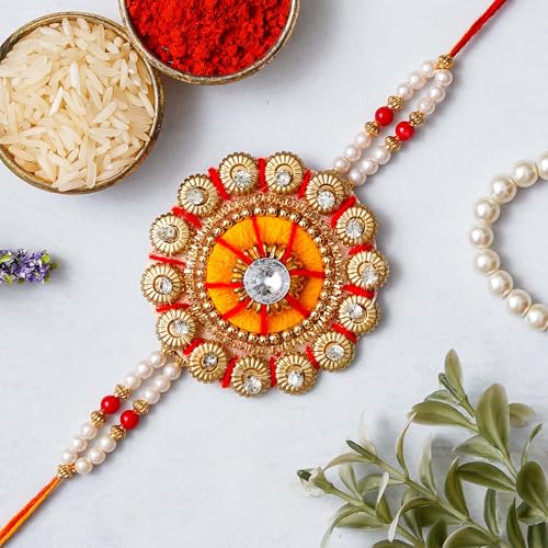 Image of eCraftIndia Orange & Red Kundan Designer Rakhi for Brother with Best Bro Ever Fridge Magnet and Roli Chawal Pack
